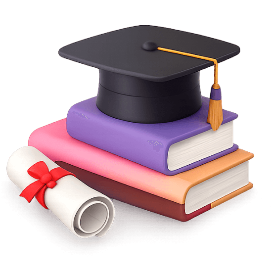 Graduation cap resting on a stack of books with a diploma