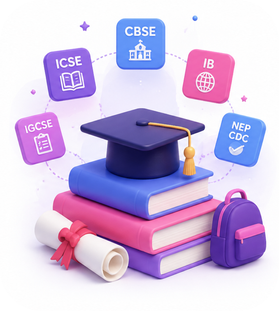 Curriculum support for ICSE, CBSE, IB, Nepal CDC, IGCSE, and American Board